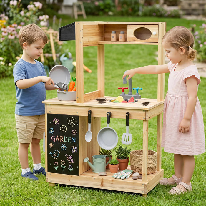 Outdoor Mud Kitchen with Stoves and Sink and Chalkboard for 3+ Kids-