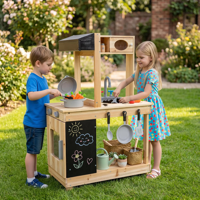 Outdoor Mud Kitchen with Stoves and Sink and Chalkboard for 3+ Kids-