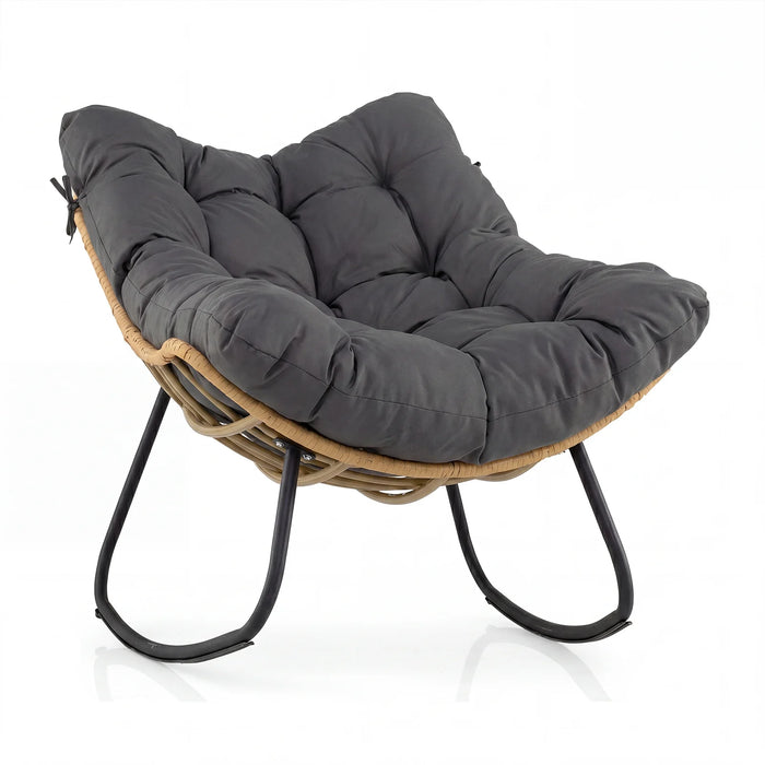 Outdoor Papasan Rocking Chair Oversized PE Wicker Patio Egg Chair with Thick Cushion-
