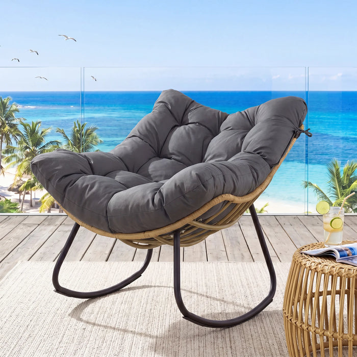 Outdoor Papasan Rocking Chair Oversized PE Wicker Patio Egg Chair with Thick Cushion-