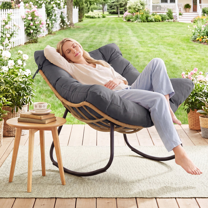 Outdoor Papasan Rocking Chair Oversized PE Wicker Patio Egg Chair with Thick Cushion-