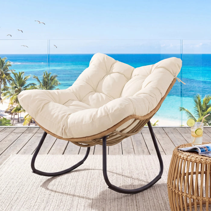 Outdoor Papasan Rocking Chair Oversized PE Wicker Patio Egg Chair with Thick Cushion-