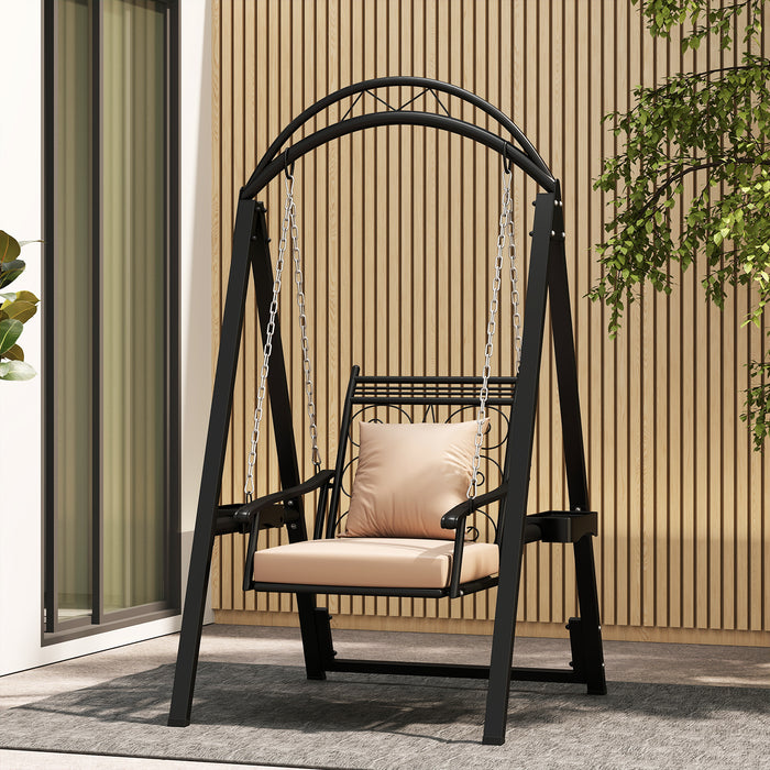 Outdoor Porch Swing with Removable Cushions and Side Tables for Garden Backyard-