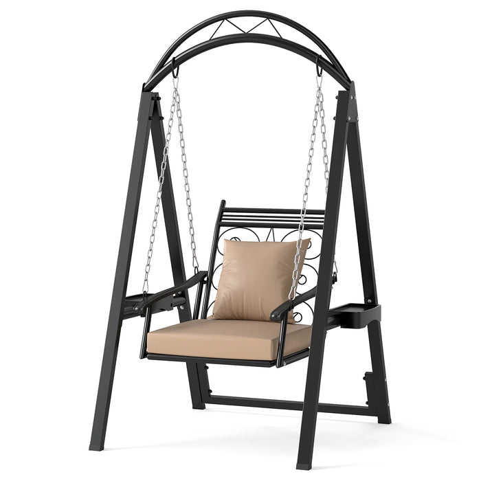 Outdoor Porch Swing with Removable Cushions and Side Tables for Garden Backyard-