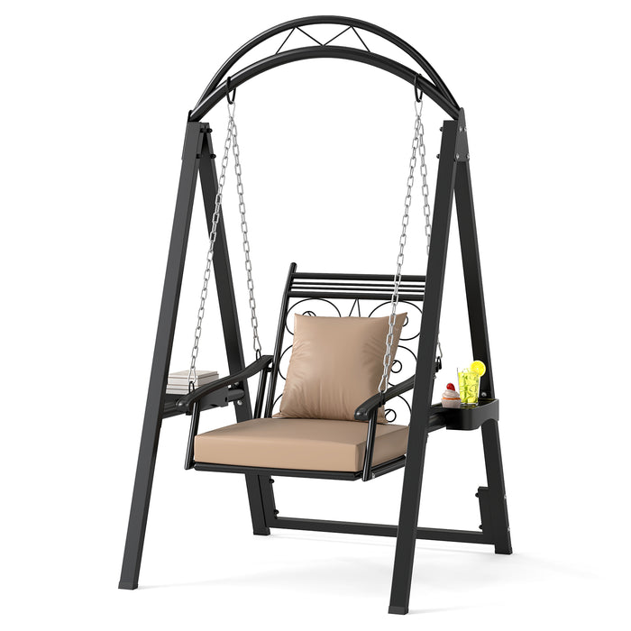 Outdoor Porch Swing with Removable Cushions and Side Tables for Garden Backyard-