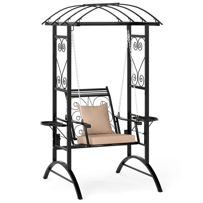 Outdoor Porch Swing with Stand and 2 Trellises for Adults Patio Swing Chair with Removable Cushions-