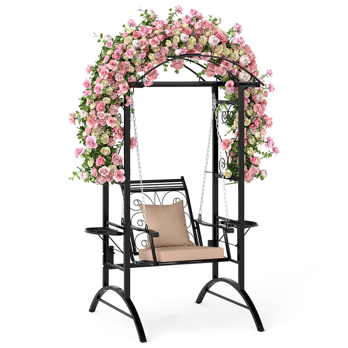 Outdoor Porch Swing with Stand and 2 Trellises for Adults Patio Swing Chair with Removable Cushions-