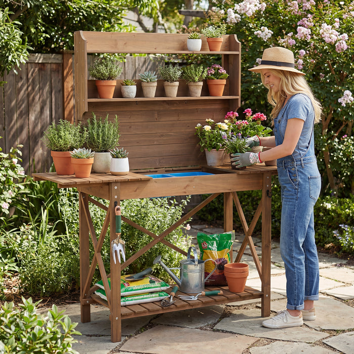 Outdoor Potting Bench Table Wooden Garden Workstation with Sliding Tabletop-