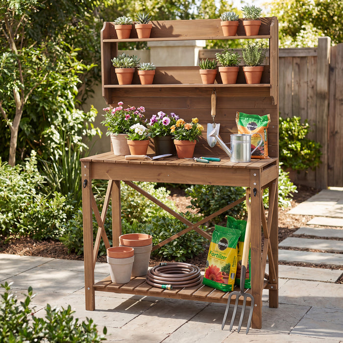 Outdoor Potting Bench Table Wooden Garden Workstation with Sliding Tabletop-