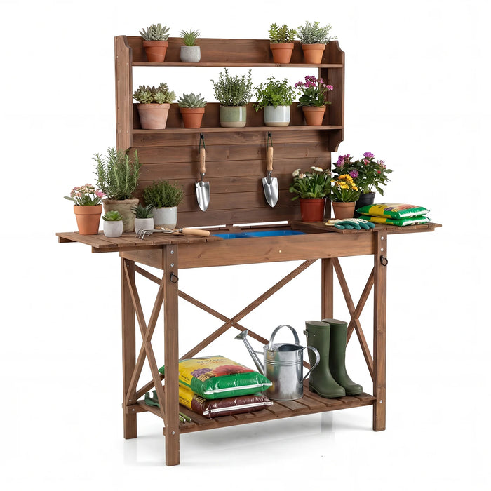 Outdoor Potting Bench Table Wooden Garden Workstation with Sliding Tabletop-
