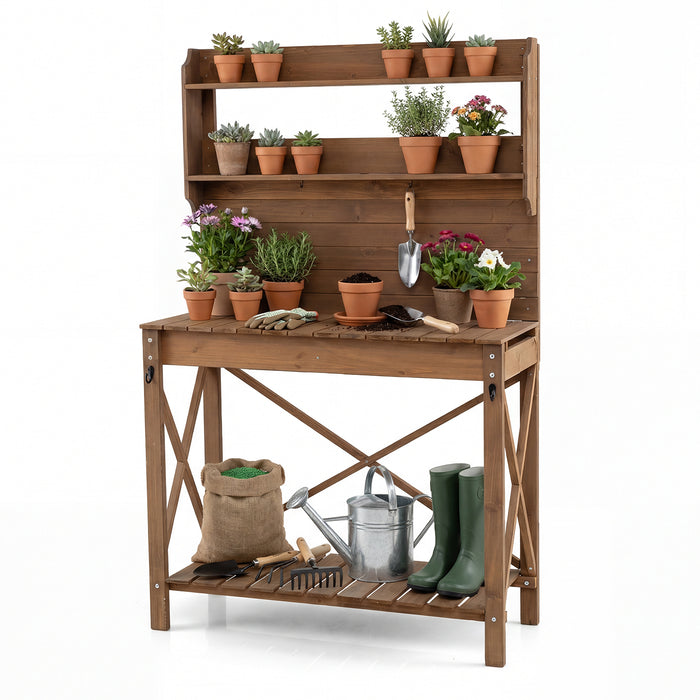 Outdoor Potting Bench Table Wooden Garden Workstation with Sliding Tabletop-