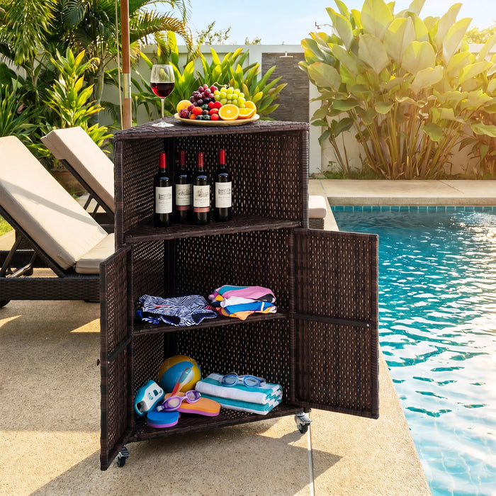 Outdoor Rattan Storage Cabinet with Shelves and 2 Doors and Lockable Wheels for Patio-Brown