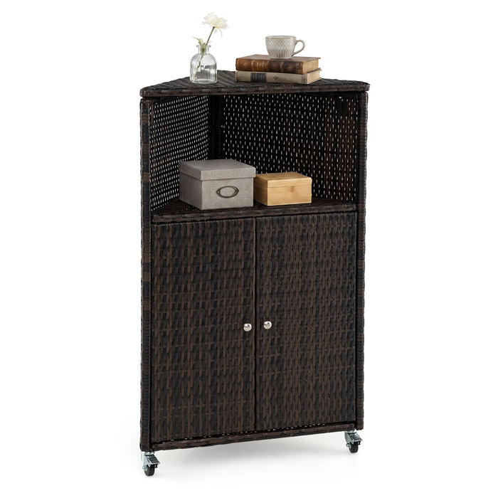 Outdoor Rattan Storage Cabinet with Shelves and 2 Doors and Lockable Wheels for Patio-Brown