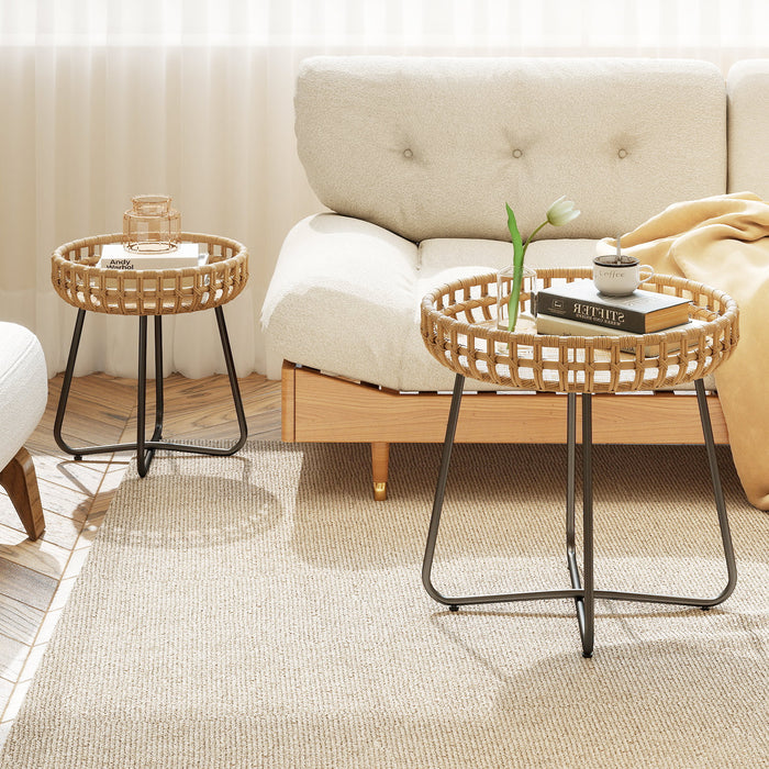 Outdoor Round Side Table Set of 2 in Different Sizes PE Wicker Tables with Sturdy Metal Frames-Brown