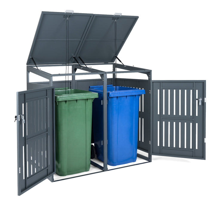 Outdoor Trash Can Storage Shed for 2 Bins with Gas Struts and Lockable Grilled Doors-Dark Grey