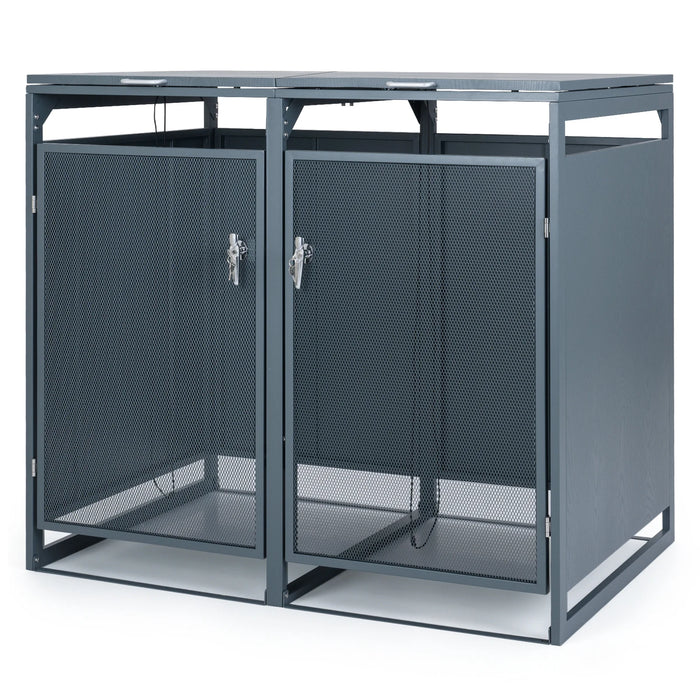 Outdoor Trash Can Storage Shed for 2 Bins with Gas Struts and Lockable Metal Mesh Doors-Grey
