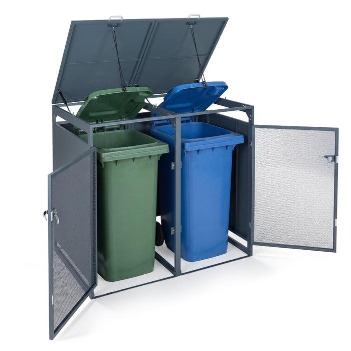 Outdoor Trash Can Storage Shed for 2 Bins with Gas Struts and Lockable Metal Mesh Doors-Grey