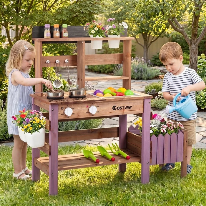 Outdoor Wooden Mud Kitchen Set with Cookware Planter Box and Gardening Accessories-