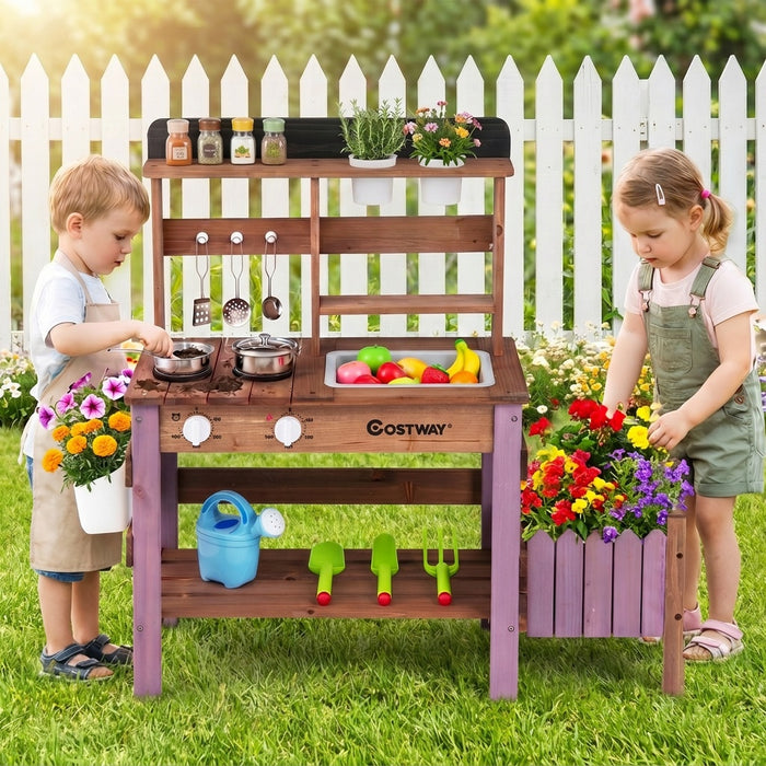 Outdoor Wooden Mud Kitchen Set with Cookware Planter Box and Gardening Accessories-