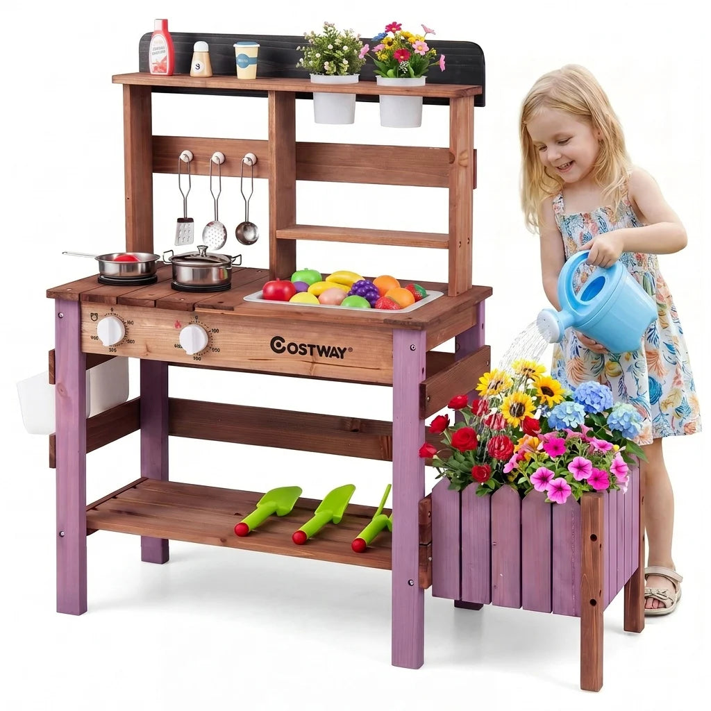 Outdoor Wooden Mud Kitchen Set with Cookware Planter Box and Gardening Accessories-