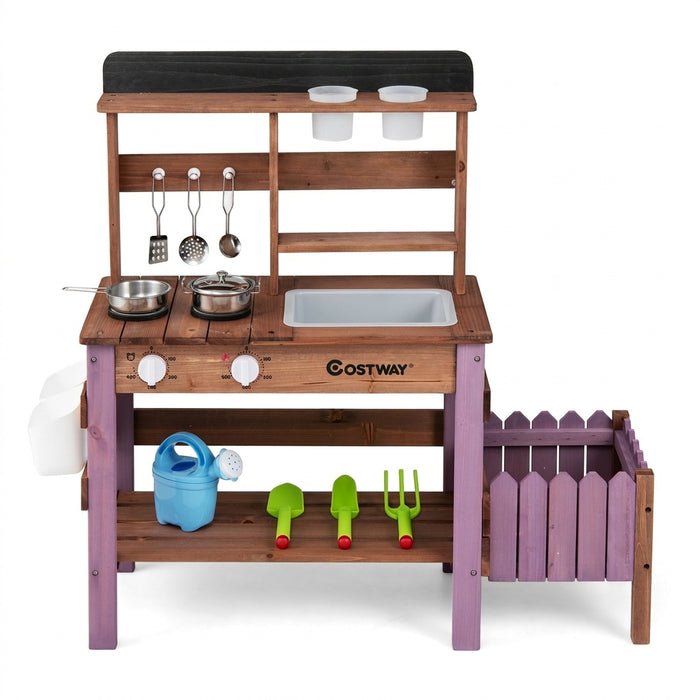 Outdoor Wooden Mud Kitchen Set with Cookware Planter Box and Gardening Accessories-