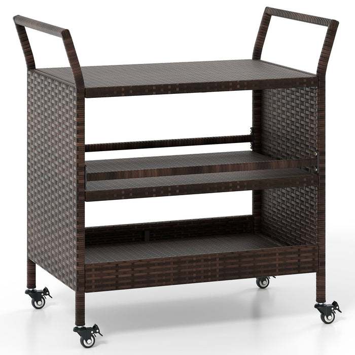 Outdoor Bar Cart 3-Tier Patio Rattan Storage Shelf with Lockable Universal Wheels