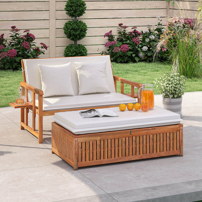 Outdoor Daybed Acacia Wood Loveseat with Storage Ottoman and Cushions-