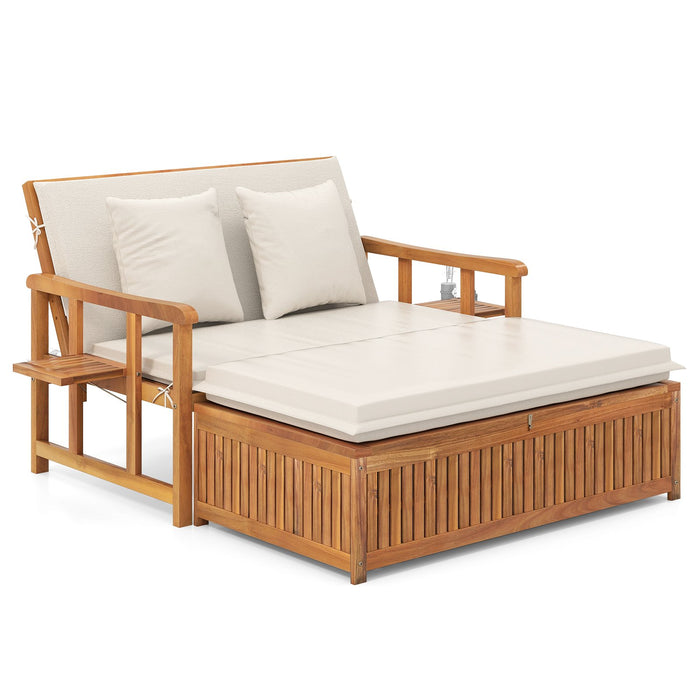 Outdoor Daybed Acacia Wood Loveseat with Storage Ottoman and Cushions-