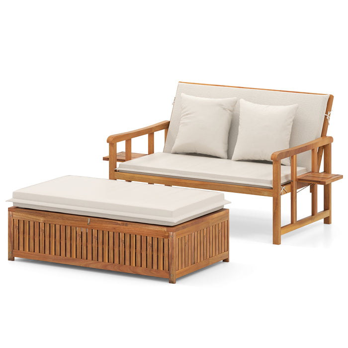 Outdoor Daybed Acacia Wood Loveseat with Storage Ottoman and Cushions-