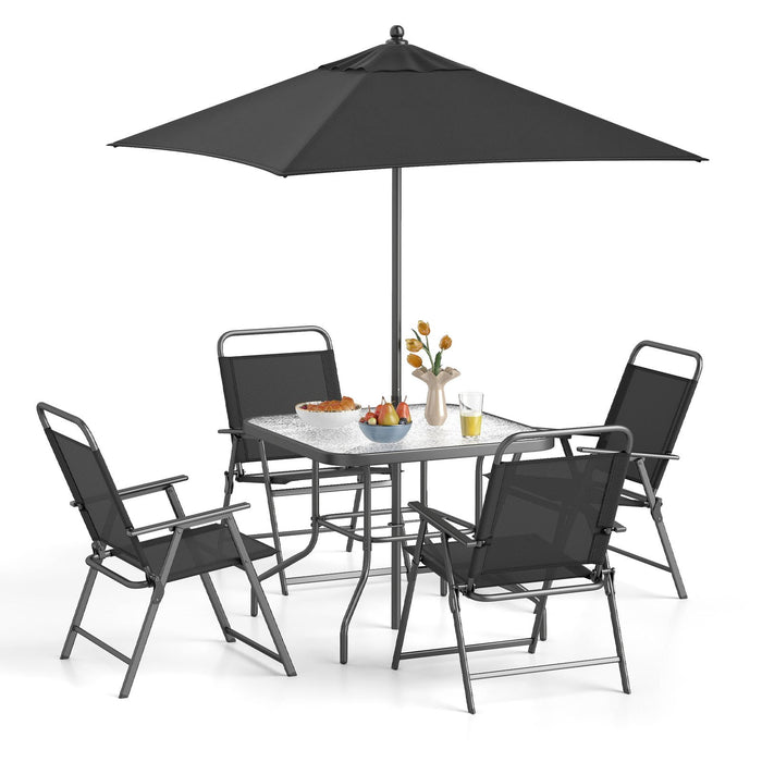 6 Pieces Outdoor Dining Set with Umbrella and Tempered Glass Tabletop-