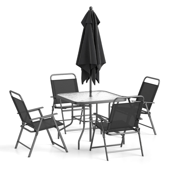 6 Pieces Outdoor Dining Set with Umbrella and Tempered Glass Tabletop-