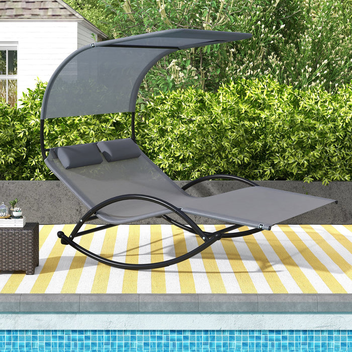Outdoor Double Chaise Rocker with Sun Shade Canopy and Headrest Pillows-