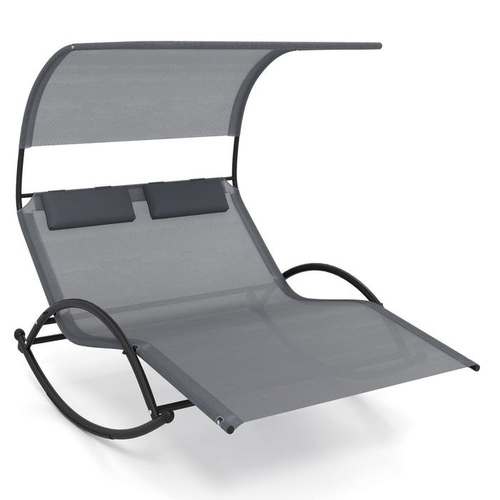 Outdoor Double Chaise Rocker with Sun Shade Canopy and Headrest Pillows-