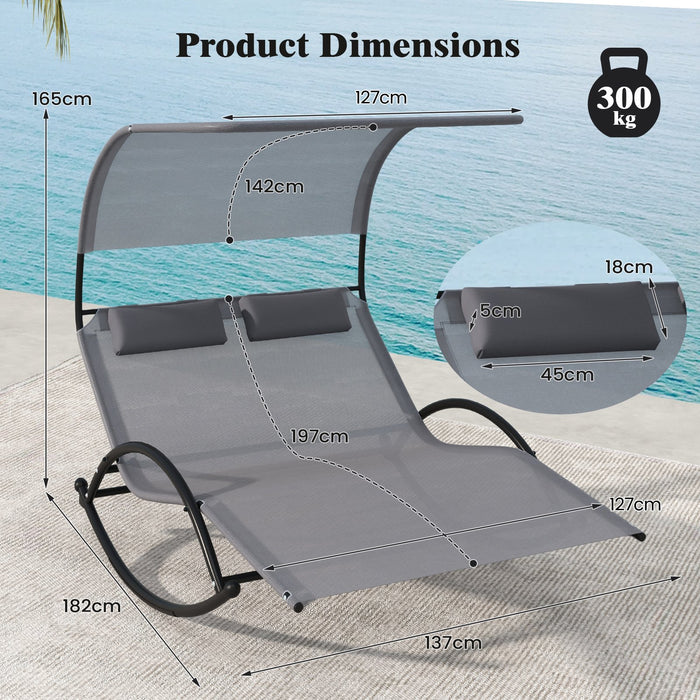 Outdoor Double Chaise Rocker with Sun Shade Canopy and Headrest Pillows-