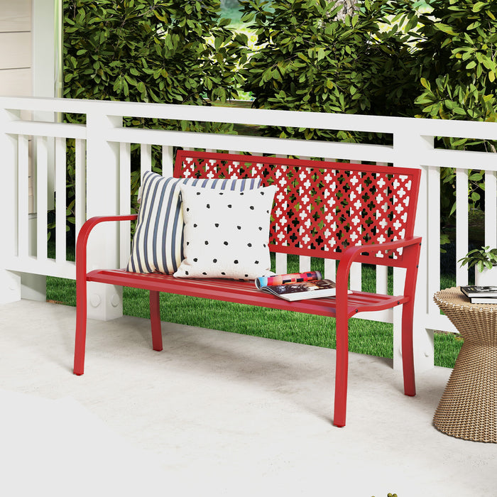 2-Person Metal Garden Bench with Slatted Seat and Backrest-Black