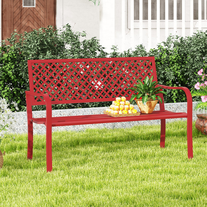 2-Person Metal Garden Bench with Slatted Seat and Backrest-Black