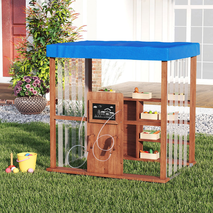 Wooden Outdoor Gas Station Playset with Canopy and 2 Simulation Refueling Guns-