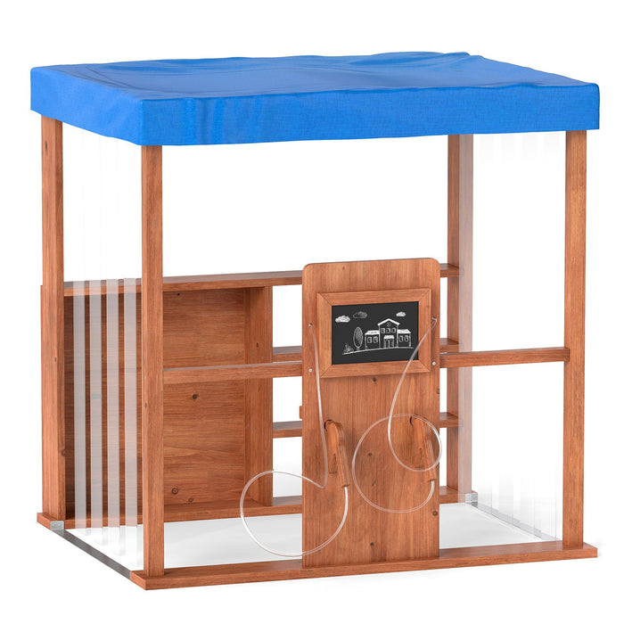 Wooden Outdoor Gas Station Playset with Canopy and 2 Simulation Refueling Guns-