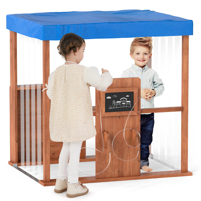 Wooden Outdoor Gas Station Playset with Canopy and 2 Simulation Refueling Guns-