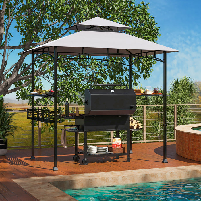 Outdoor Grill Gazebo Double Tiered BBQ Canopy Tent with 2 Side Shelves-Grey