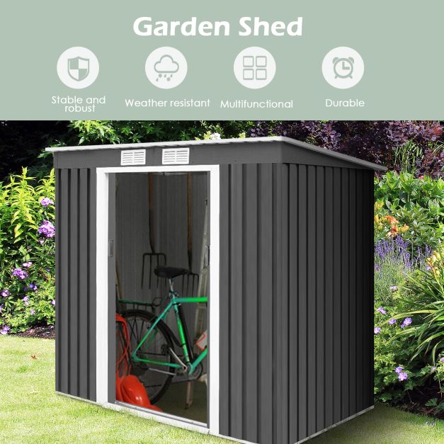 Durable Outdoor Metal Structure - Dark Grey Storage Shed with Sloping Roof - Perfect for Organizing Garden Tools and Equipment