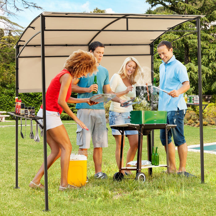 Outdoor Patio BBQ Canopy with Metal Shelves and Hooks-Grey