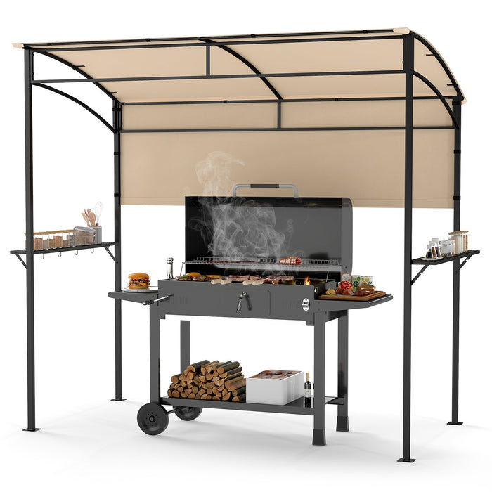 Outdoor Patio BBQ Canopy with Metal Shelves and Hooks-Grey