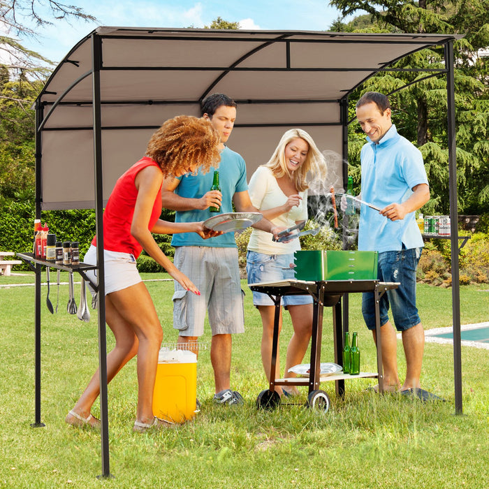 Outdoor Patio BBQ Canopy with Metal Shelves and Hooks-Grey