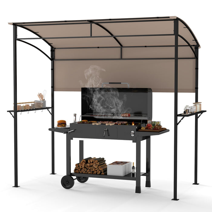 Outdoor Patio BBQ Canopy with Metal Shelves and Hooks-Grey