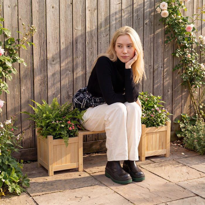 3-in-1 Outdoor Planter Box with Bench 2-Person Outdoor Bench-
