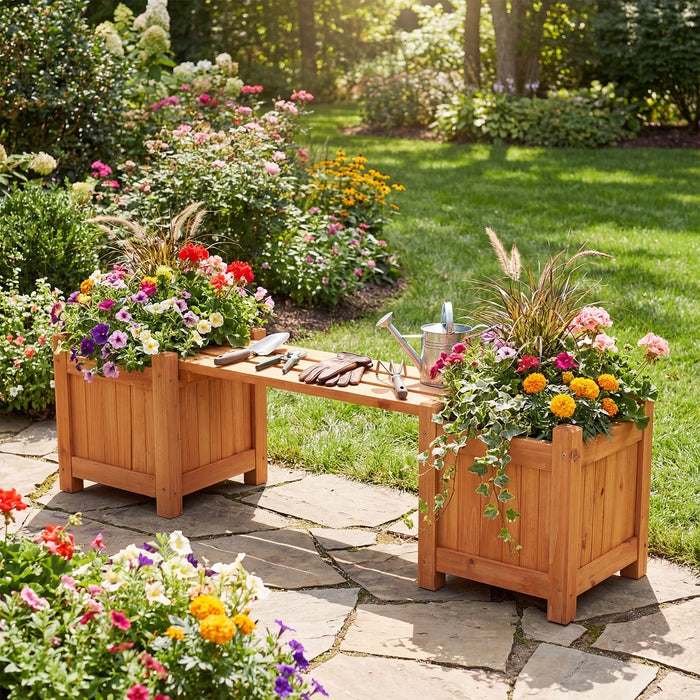 3-in-1 Outdoor Planter Box with Bench 2-Person Outdoor Bench-