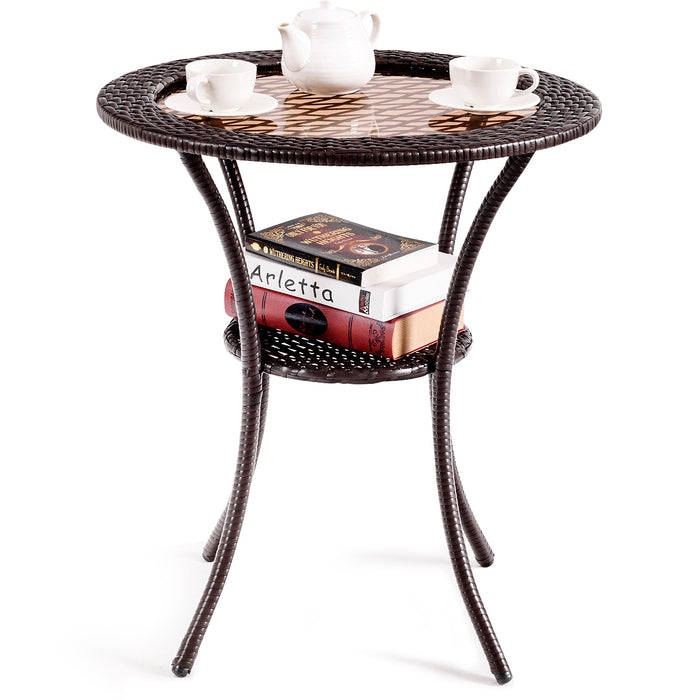 Outdoor Round Dining Table Patio Bistro Table with Tempered Glass Tabletop