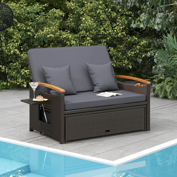Outdoor Wicker Daybed Rattan Woven Loveseat with Storage Ottoman-