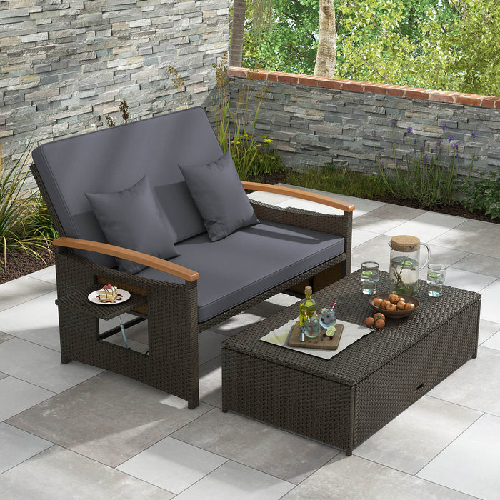 Outdoor Wicker Daybed Rattan Woven Loveseat with Storage Ottoman-